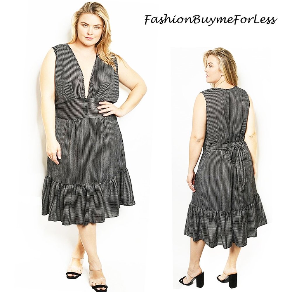 Gothic Black Low Neck Ruffle Pinstripe Midi Dress